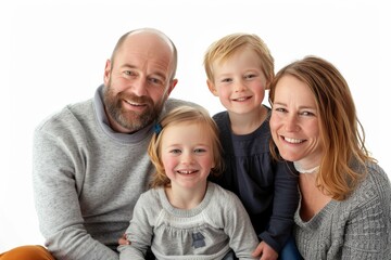 A family of four, including a man and three children, are smiling