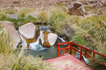 San Pedro de Atacama, Chile - Dec 1, 2023: Puritama Hot Springs, a series of natural volcanic pools...