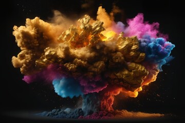 A striking AI-generated photo capturing an explosive burst of golden and multicolored smoke, enhanced by dynamic sparks. Perfect for use in creative projects, marketing materials, or artistic displays