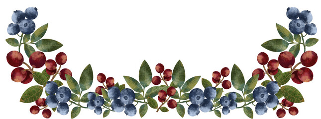 frame of blueberries and cranberries
frame with bright watercolor berries on a white background banner of berries and leaves