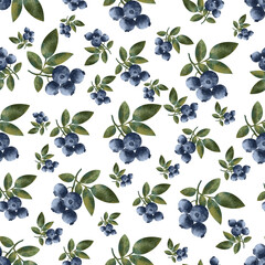 seamless delicate watercolor pattern of blueberries with leaves on a white background