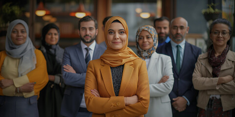 Fototapeta premium Hijabi Woman Leading Team, Posing Confidently 