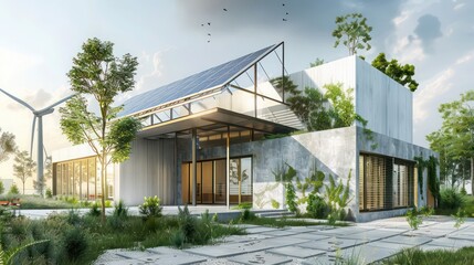 Technical drawings of a modern renewable energy plant with integrated solar and wind power systems