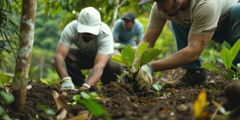 Fototapeta premium Group of multicultural happy eco activists plants tree at sunset. Diverse people is planting tree. Happy group of males and females with shovels and planting plant in soil