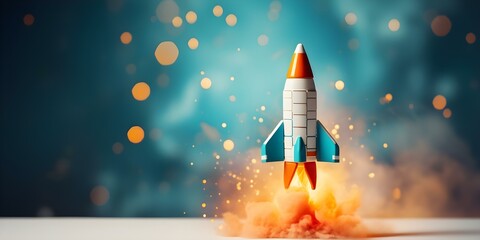 Obraz premium Paper rocket flying over colorful background leading the way to success. Concept Success, Paper Rocket, Colorful Background, Creativity, Achievement
