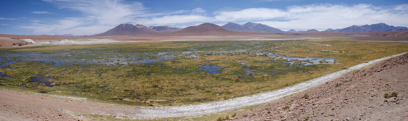 San Pedro de Atacama, Chile - Dec 1, 2023: Volcanic landscapes across the high altitude plains of the Atacama Desert