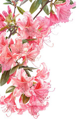 Fototapeta premium Beautiful pink azalea flowers in full bloom with lush green leaves on a white background, perfect for nature-themed projects.