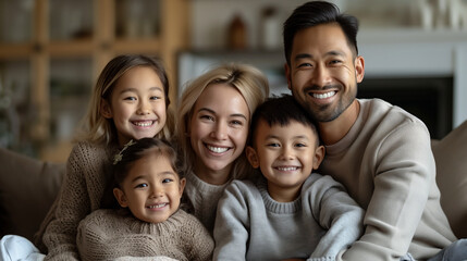 Fototapeta premium Happy mixed-race family smiling together on a couch.