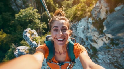 Adventure holiday. Selfie shot during bungee jumping. Ropejumping woman having fun, extreme sports concept, embracing freedom, excitement and adrenaline rush