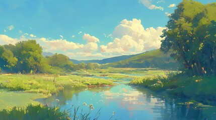 Fototapeta premium Tranquil River Landscape Under a Sunny Sky