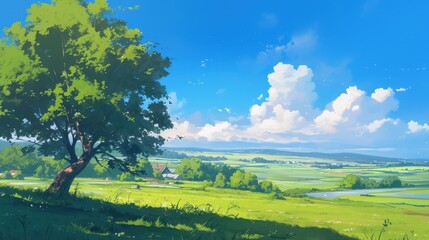 Obraz premium Serene Summer Landscape with Lush Green Fields and Blue Sky