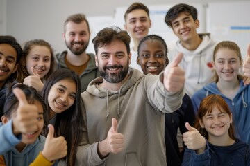 Fototapeta premium A group of people are smiling and giving thumbs up