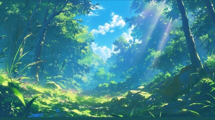 Obraz premium Sunlight Filtering Through a Lush Forest