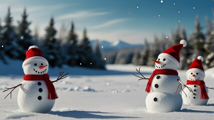 Obraz premium Merry Christmas and happy New Year greeting card with copy space.Many snowmen standing in winter Christmas landscape.