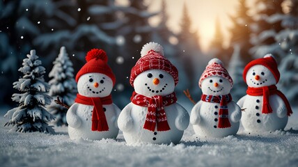 Obraz premium Merry Christmas and happy New Year greeting card with copy space.Many snowmen standing in winter Christmas landscape.