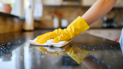 Obraz premium Cleaning Kitchen Counter Yellow Gloves Sponge Water Drops Reflection