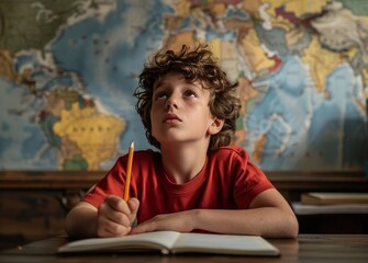 A boy in a red shirt is sitting at a desk with a globe behind him