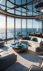 Fototapeta premium luxury interior of a contemporary design of a living room or space inside a yacht or a sea view terrace.