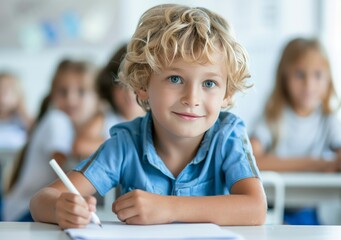 Fototapeta premium A young boy is sitting at a desk with a pencil in his hand