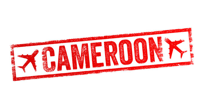 Cameroon - is a country in Central Africa, text emblem stamp with airplane
