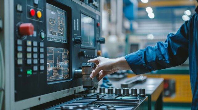 Worker operates advanced CNC machine in a modern factory, showcasing precision engineering and industrial automation.
