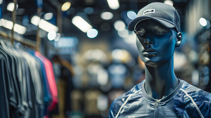 A mannequin in a sportswear store displaying trendy and stylish athletic attire for exercise and workout.