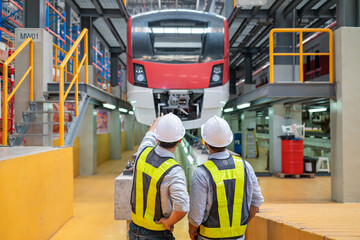 Fototapeta premium Train Engineers Discussing Maintenance in Depot