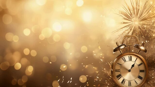 A golden clock surrounded by colorful fireworks explosion.