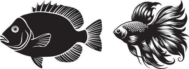 Black and white illustration for coloring animals, fish vector silhouette