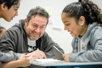 A man is teaching a child how to use a tablet