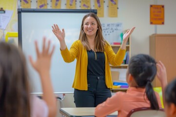 A woman is standing in front of a whiteboard with a smile on her face
