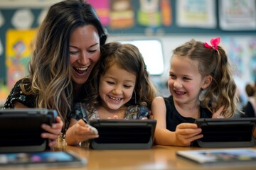A woman is holding a tablet and smiling at two young girls