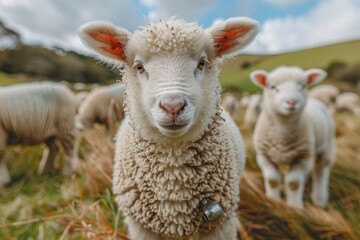 Naklejka premium A fluffy white lamb with a small bell around its neck, standing in a green pasture with other sheep grazing in the background