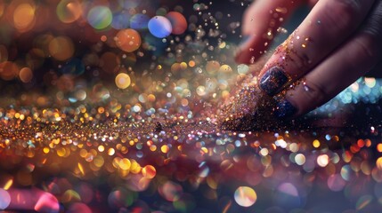 Close-up of a hand touching colorful glitter particles with a bokeh background, creating a magical and festive atmosphere.