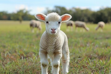 A fluffy white lamb with a small bell around its neck, standing in a green pasture with other sheep grazing in the background