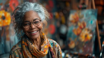 Obraz premium A senior African American woman artist in a studio full of paintings, her face radiates happiness and fulfillment