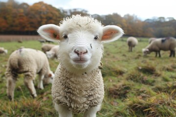 Obraz premium A fluffy white lamb with a small bell around its neck, standing in a green pasture with other sheep grazing in the background