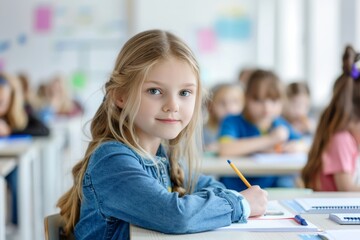 A young girl is sitting at a desk with a pencil and a piece of paper