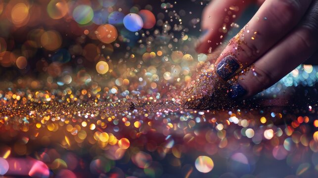 Close-up of a hand touching colorful glitter particles with a bokeh background, creating a magical and festive atmosphere.