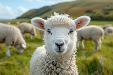 A fluffy white lamb with a small bell around its neck, standing in a green pasture with other sheep grazing in the background