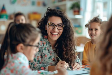 Obraz premium A woman with glasses is smiling at a group of children