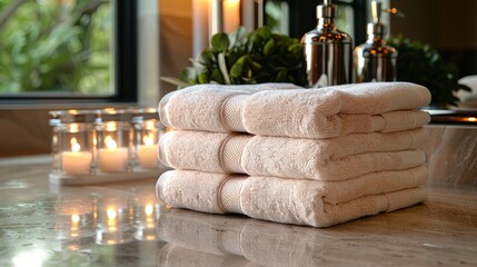 Rolled beige towels on a reflective countertop with candles and greenery in the background, creating a warm, spa-like serene ambiance in a bathroom