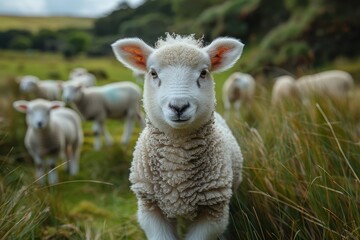 Fototapeta premium A fluffy white lamb with a small bell around its neck, standing in a green pasture with other sheep grazing in the background