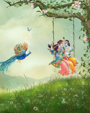 Forest landscape background with Indian god Radha Krishna on swing and flying peacock , interior decoration wallpaper.