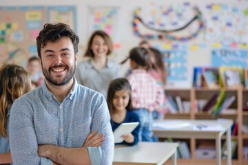 Fototapeta na wymiar A man is smiling and holding a tablet in front of a group of children