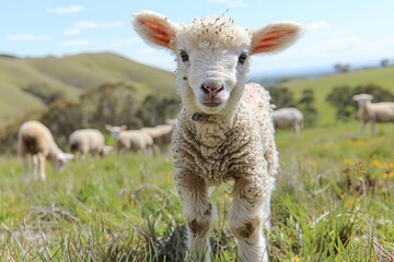Fototapeta premium A fluffy white lamb with a small bell around its neck, standing in a green pasture with other sheep grazing in the background