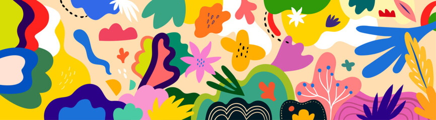 Vector colorful art floral background. Abstract bright doodles with flowers and leaves

