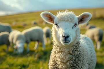 Fototapeta premium A fluffy white lamb with a small bell around its neck, standing in a green pasture with other sheep grazing in the background