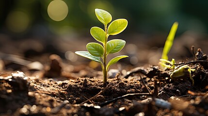 A seedling is growing on a coin lying on the ground