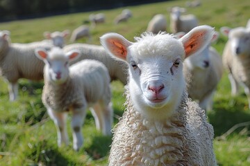 Obraz premium A fluffy white lamb with a small bell around its neck, standing in a green pasture with other sheep grazing in the background